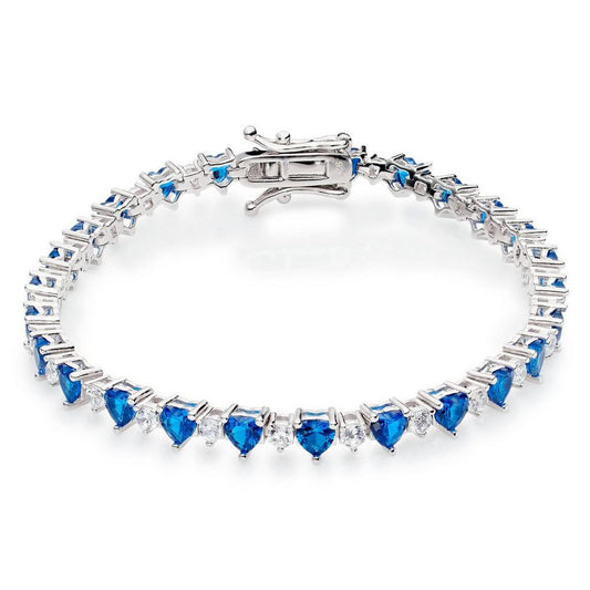 Silver Blue Cubic Zirconia Heart Tennis Bracelet