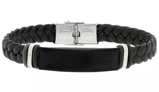 Engraved Black Tone Stainless Steel Leather Bracelet